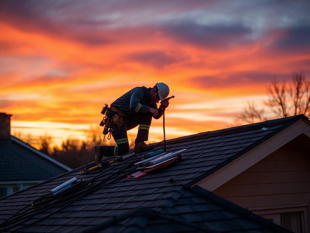 Emergency roof repair at dusk