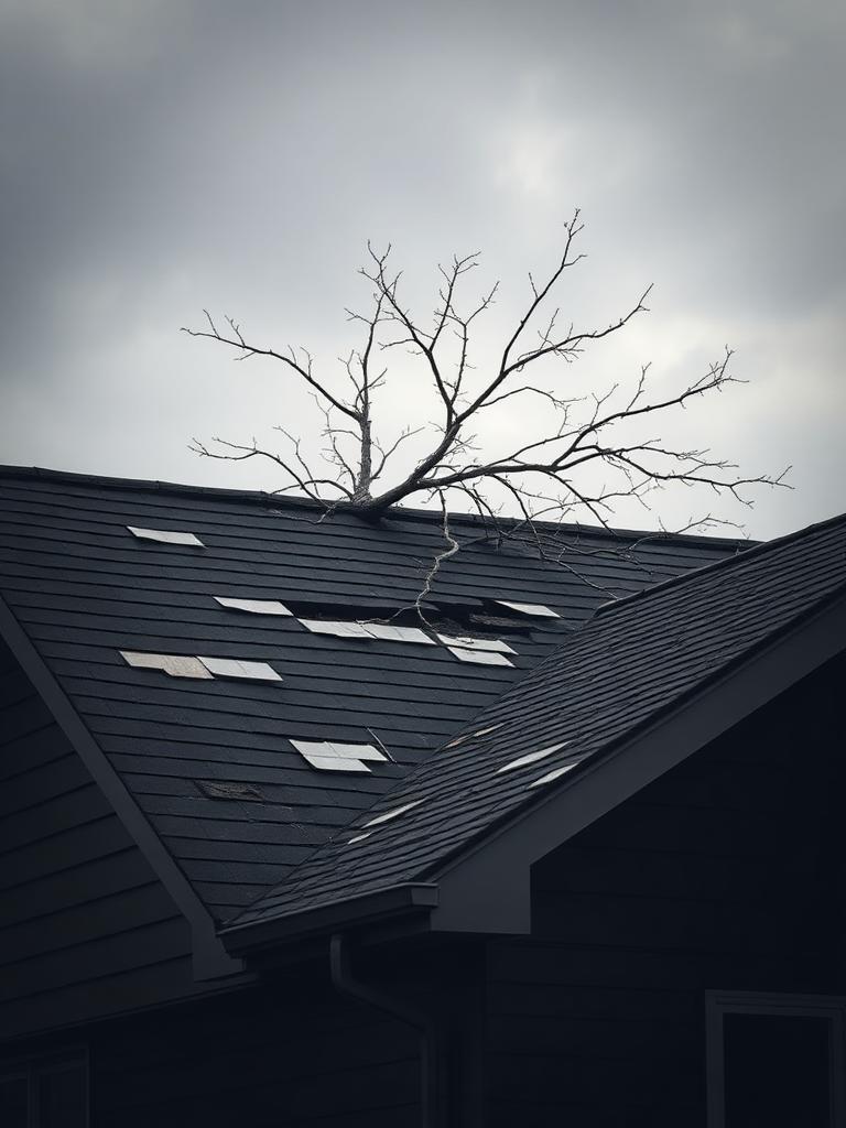 Residential roof with storm damage and missing shingles